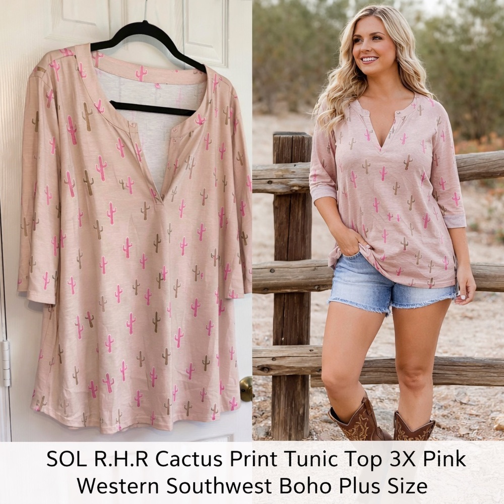 SOL R.H.R Cactus Print Tunic Top 3X Pink Western Southwest Boho Plus Size